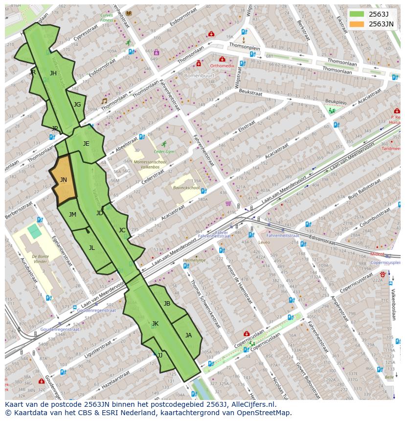 Afbeelding van het postcodegebied 2563 JN op de kaart.