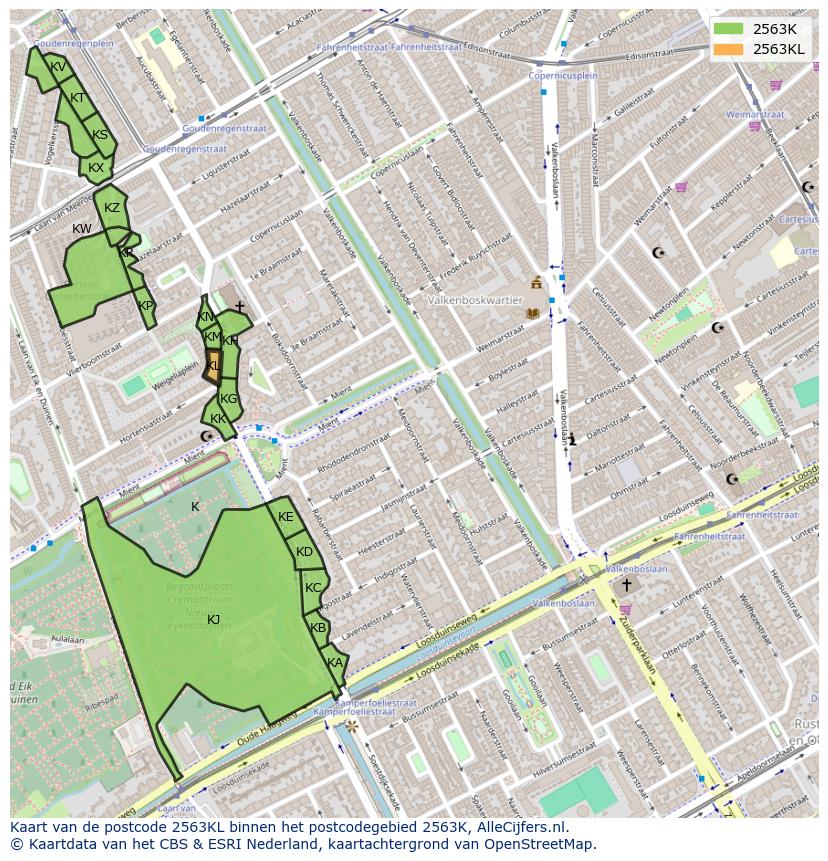 Afbeelding van het postcodegebied 2563 KL op de kaart.