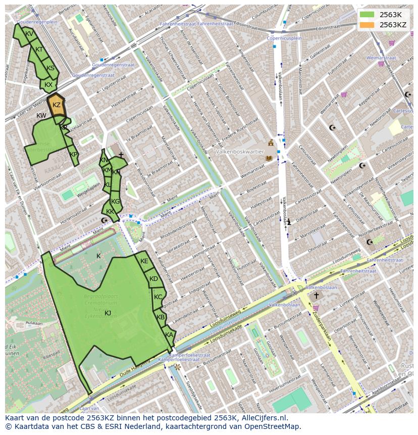 Afbeelding van het postcodegebied 2563 KZ op de kaart.