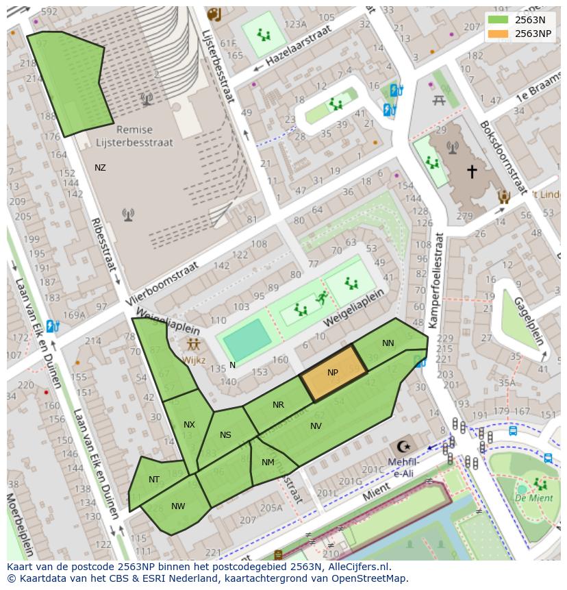 Afbeelding van het postcodegebied 2563 NP op de kaart.