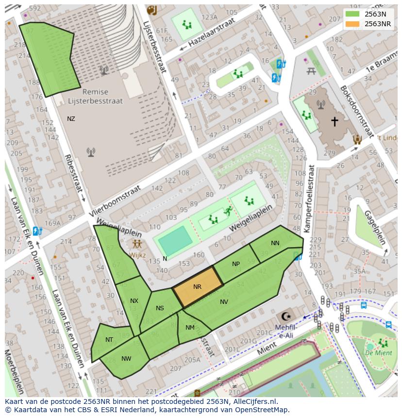 Afbeelding van het postcodegebied 2563 NR op de kaart.