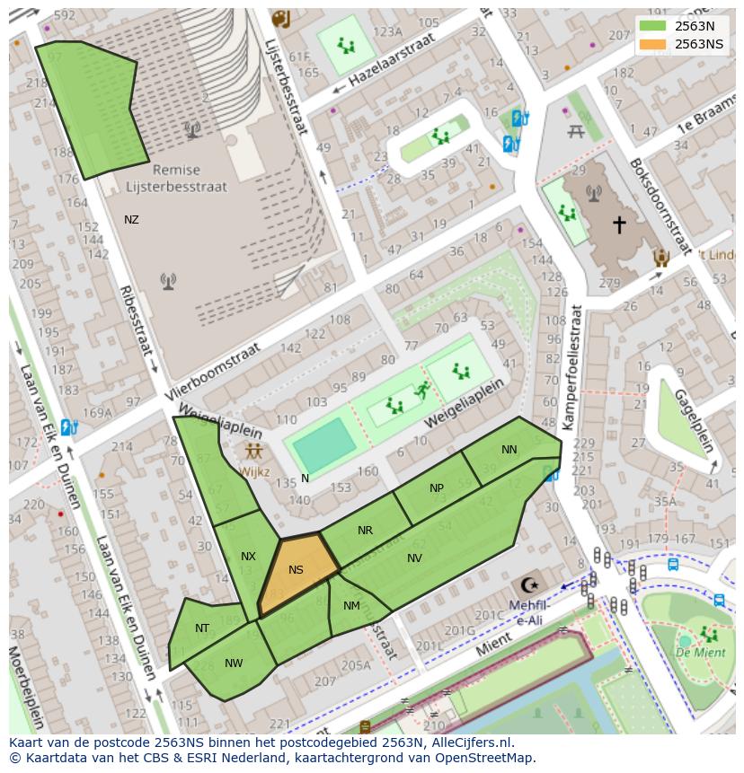 Afbeelding van het postcodegebied 2563 NS op de kaart.