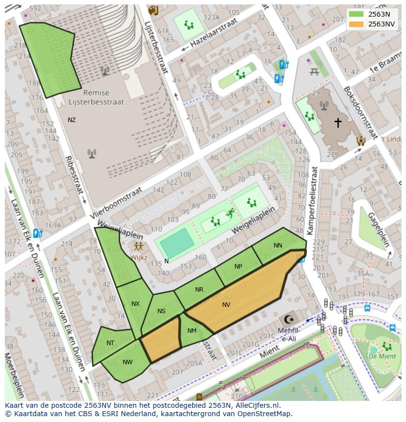 Afbeelding van het postcodegebied 2563 NV op de kaart.
