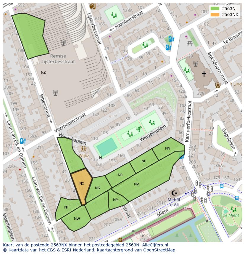 Afbeelding van het postcodegebied 2563 NX op de kaart.
