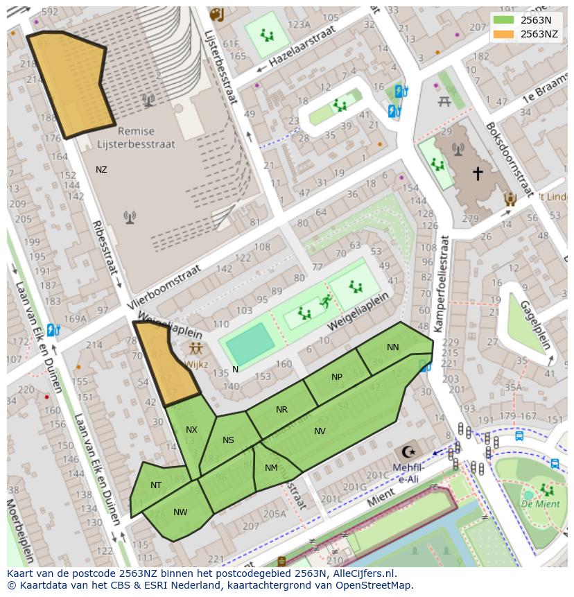 Afbeelding van het postcodegebied 2563 NZ op de kaart.