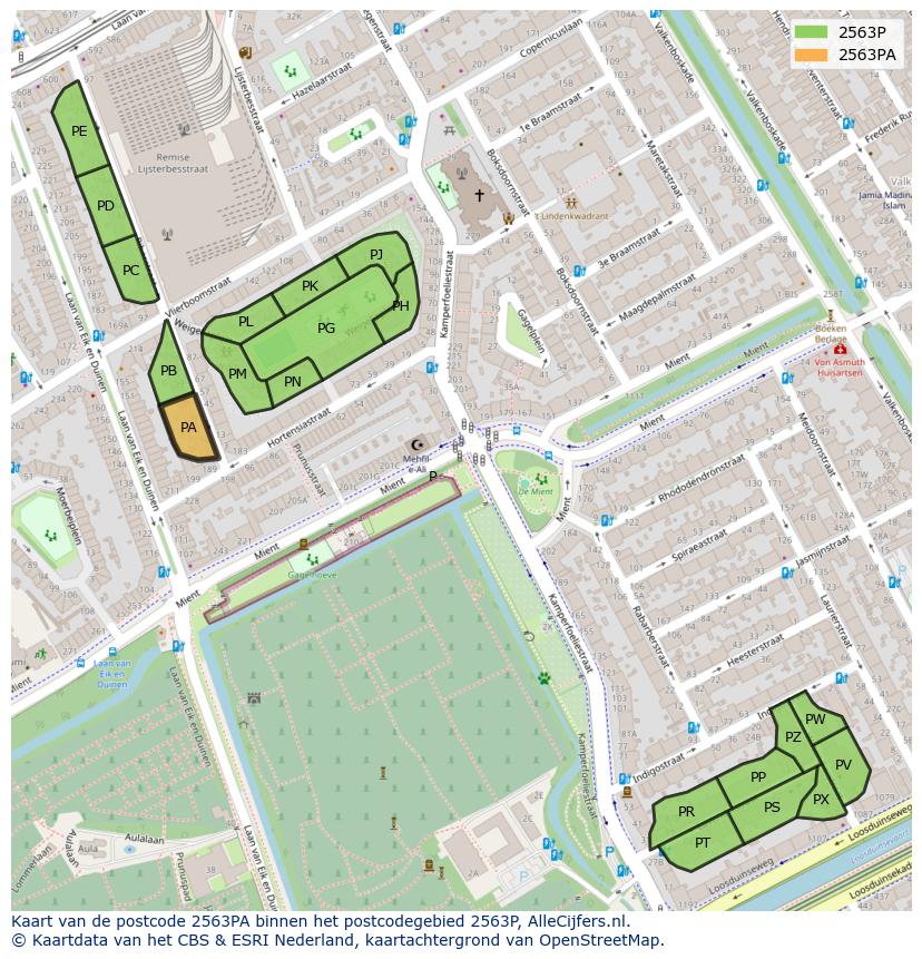 Afbeelding van het postcodegebied 2563 PA op de kaart.