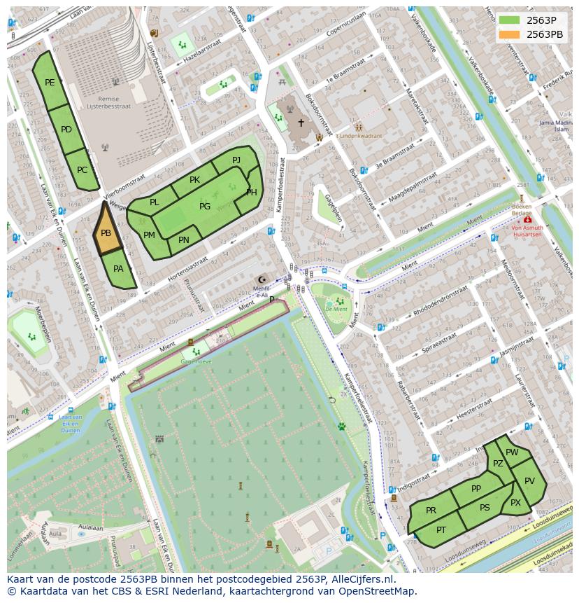 Afbeelding van het postcodegebied 2563 PB op de kaart.
