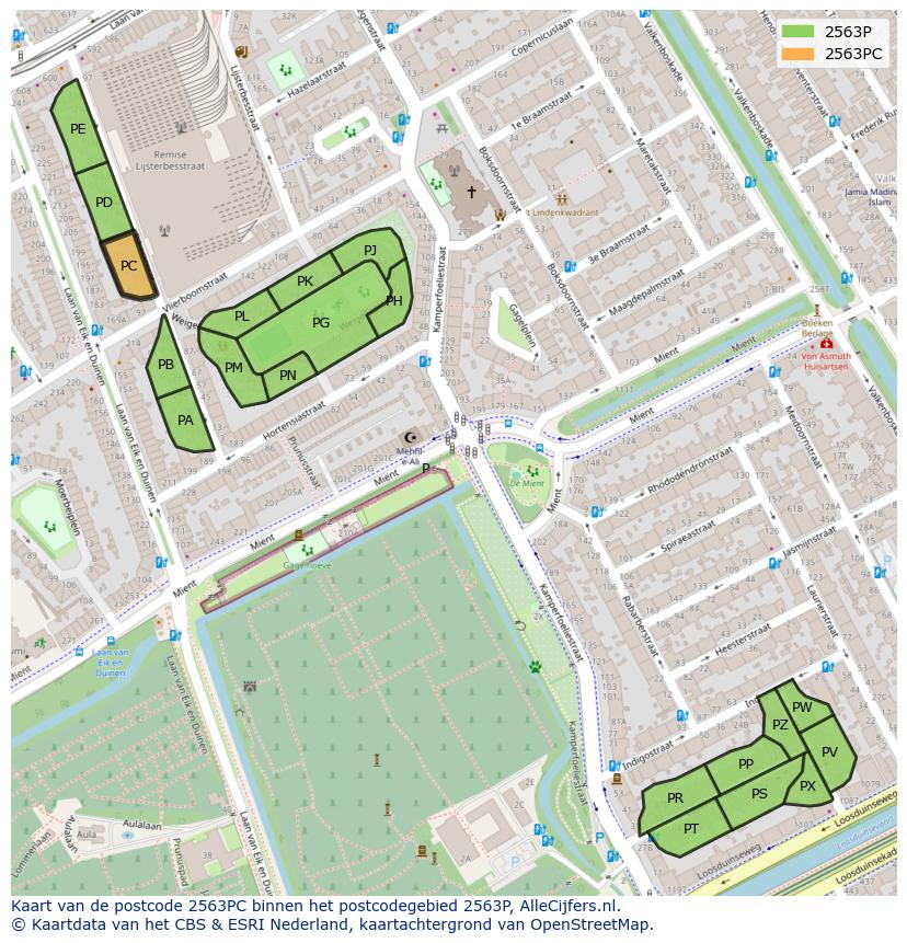 Afbeelding van het postcodegebied 2563 PC op de kaart.