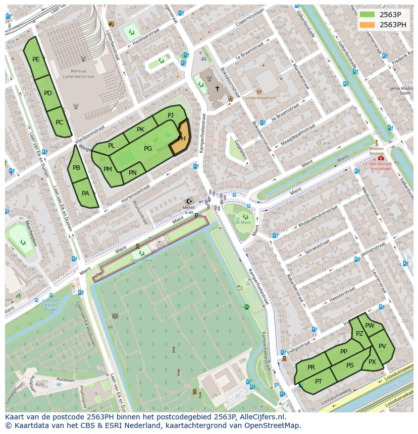 Afbeelding van het postcodegebied 2563 PH op de kaart.