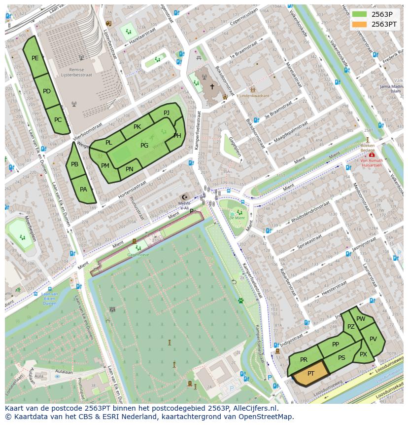 Afbeelding van het postcodegebied 2563 PT op de kaart.