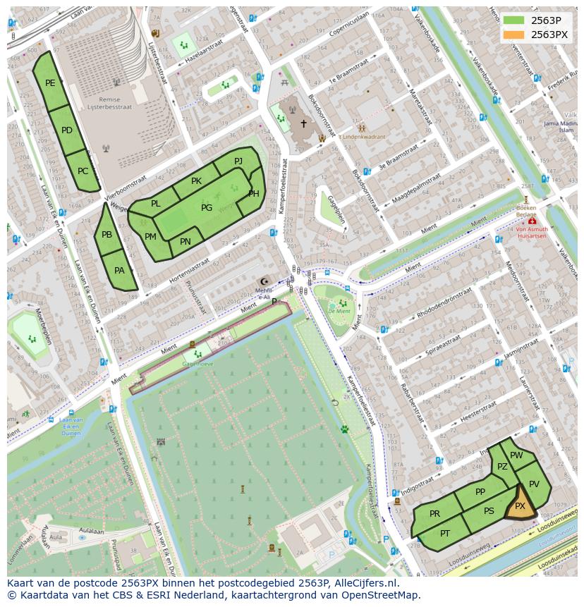 Afbeelding van het postcodegebied 2563 PX op de kaart.