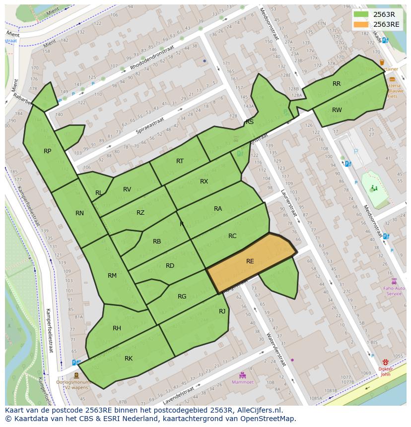 Afbeelding van het postcodegebied 2563 RE op de kaart.