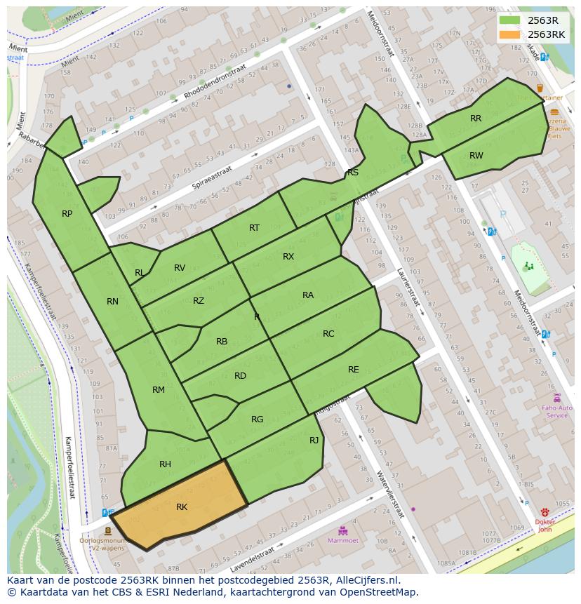 Afbeelding van het postcodegebied 2563 RK op de kaart.