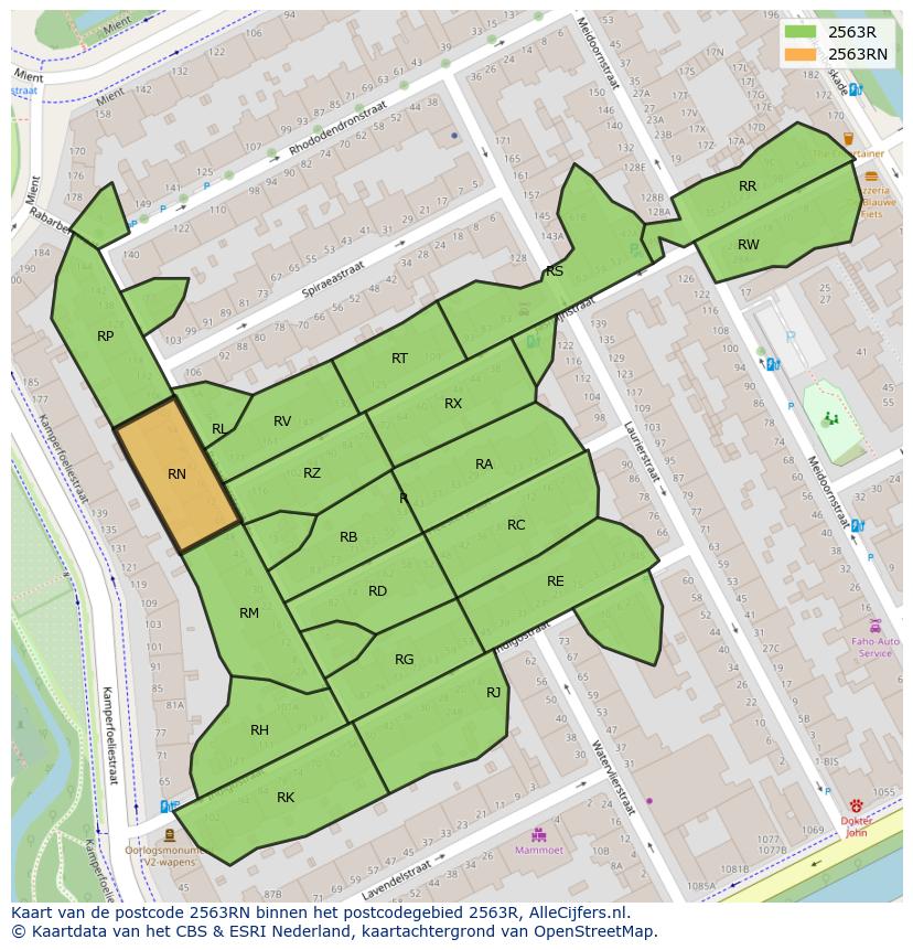 Afbeelding van het postcodegebied 2563 RN op de kaart.