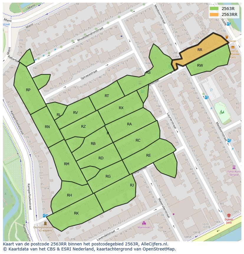 Afbeelding van het postcodegebied 2563 RR op de kaart.