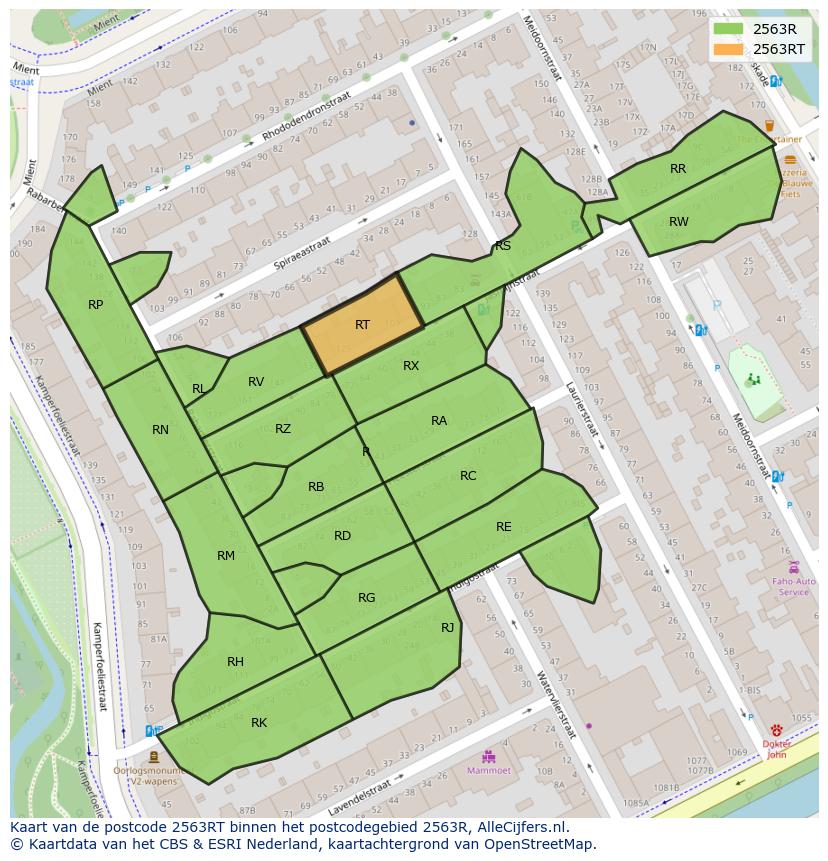 Afbeelding van het postcodegebied 2563 RT op de kaart.
