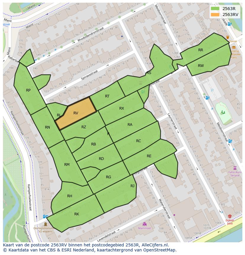 Afbeelding van het postcodegebied 2563 RV op de kaart.