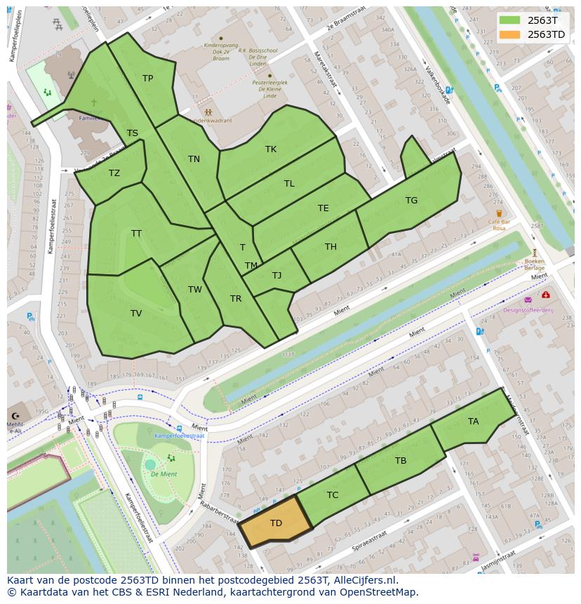 Afbeelding van het postcodegebied 2563 TD op de kaart.