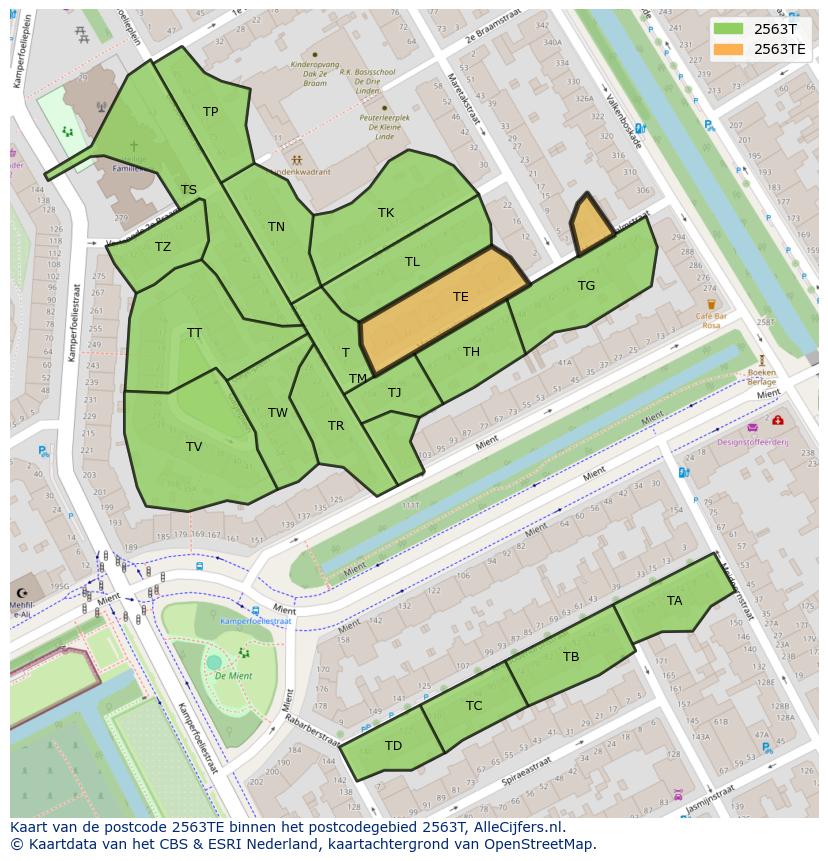 Afbeelding van het postcodegebied 2563 TE op de kaart.