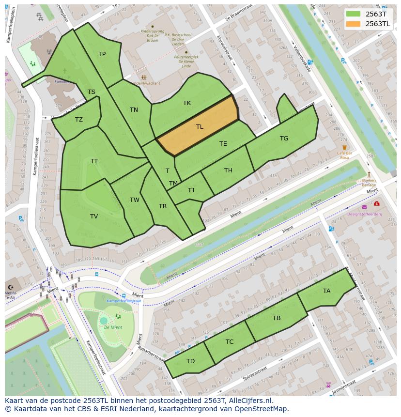 Afbeelding van het postcodegebied 2563 TL op de kaart.