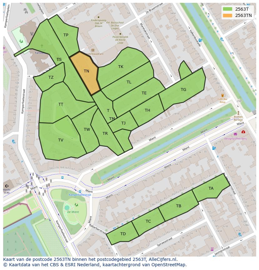 Afbeelding van het postcodegebied 2563 TN op de kaart.