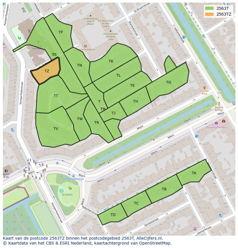 Afbeelding van het postcodegebied 2563 TZ op de kaart.