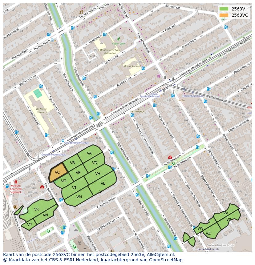 Afbeelding van het postcodegebied 2563 VC op de kaart.