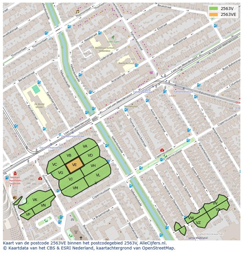 Afbeelding van het postcodegebied 2563 VE op de kaart.