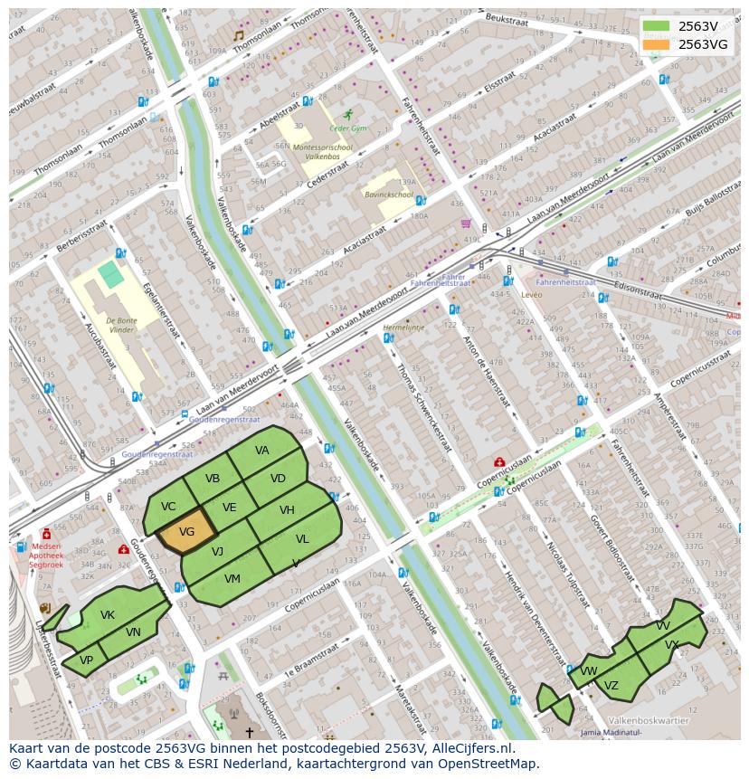 Afbeelding van het postcodegebied 2563 VG op de kaart.