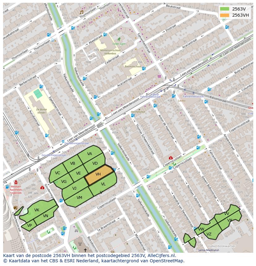 Afbeelding van het postcodegebied 2563 VH op de kaart.