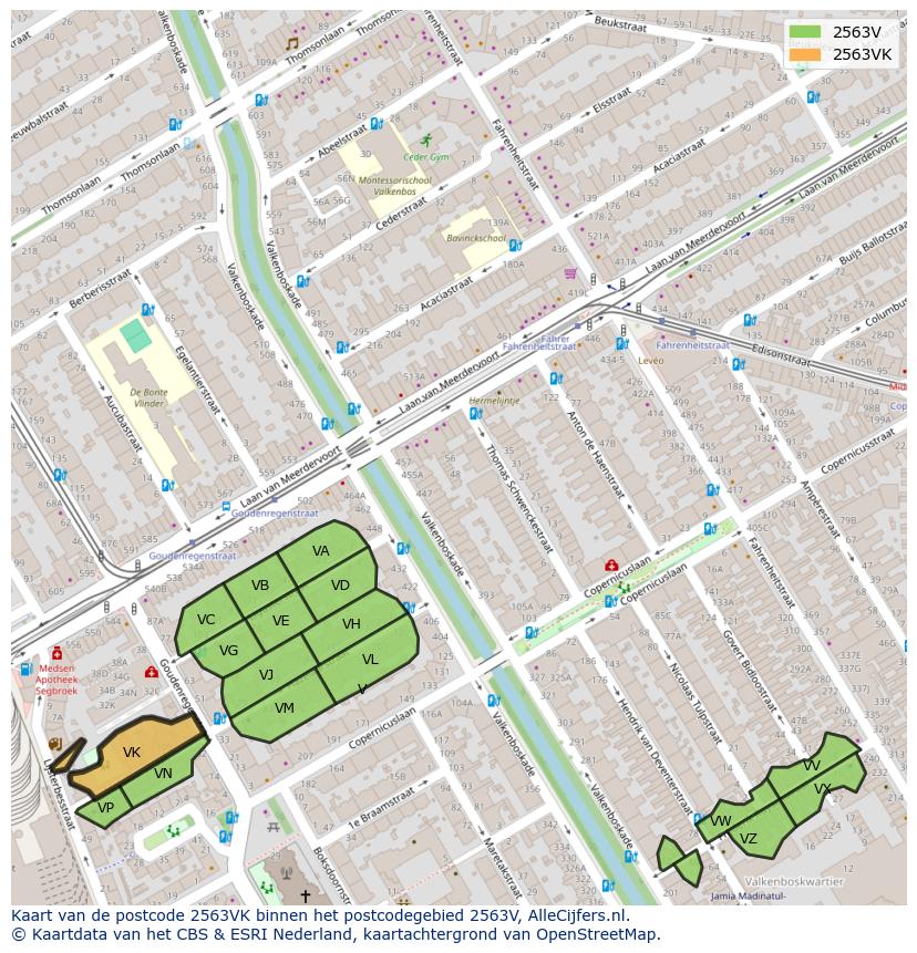 Afbeelding van het postcodegebied 2563 VK op de kaart.