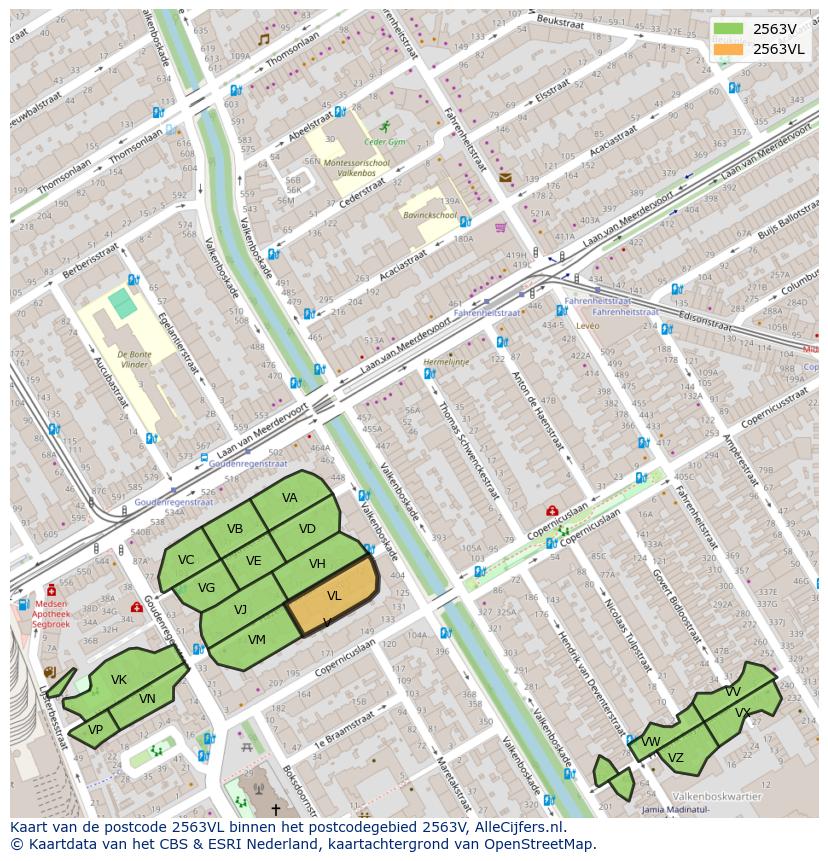 Afbeelding van het postcodegebied 2563 VL op de kaart.