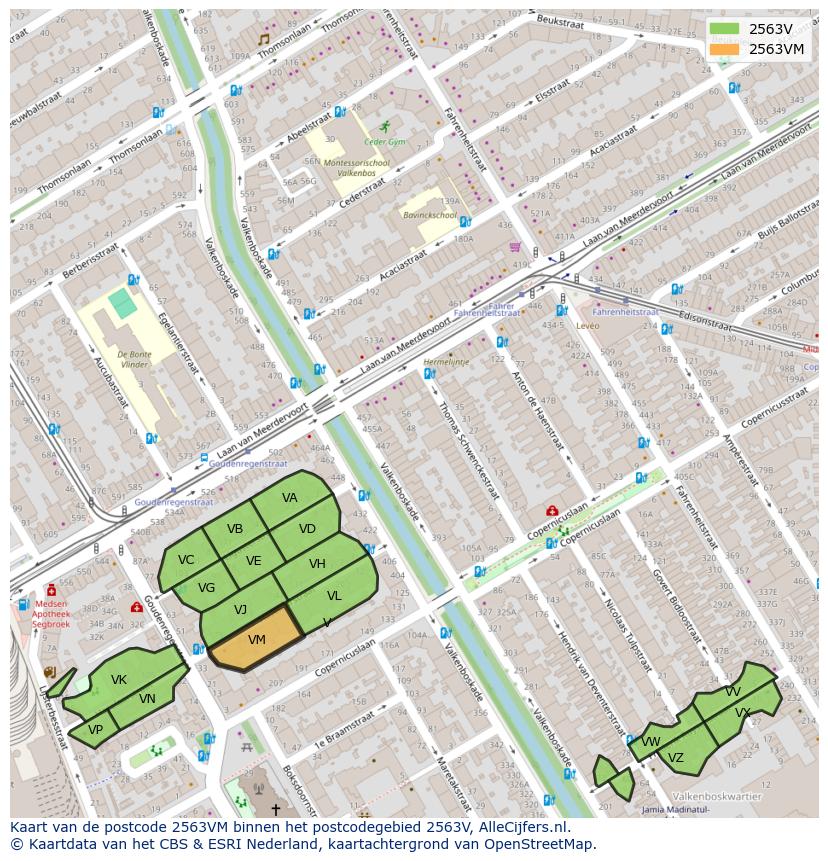 Afbeelding van het postcodegebied 2563 VM op de kaart.