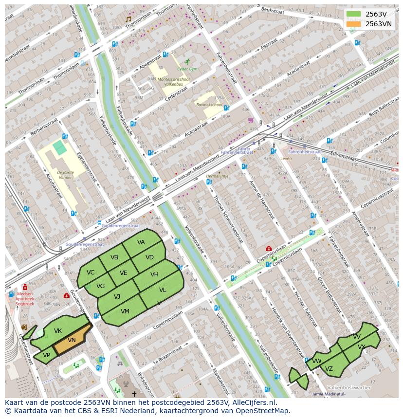 Afbeelding van het postcodegebied 2563 VN op de kaart.