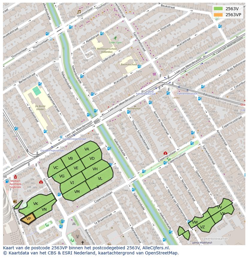 Afbeelding van het postcodegebied 2563 VP op de kaart.