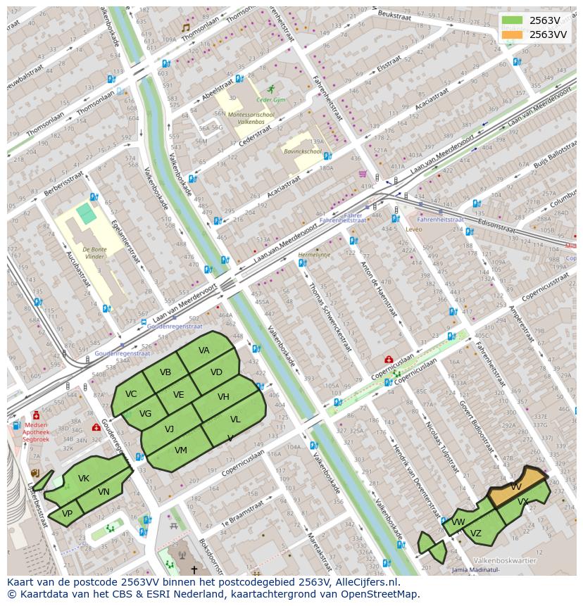 Afbeelding van het postcodegebied 2563 VV op de kaart.