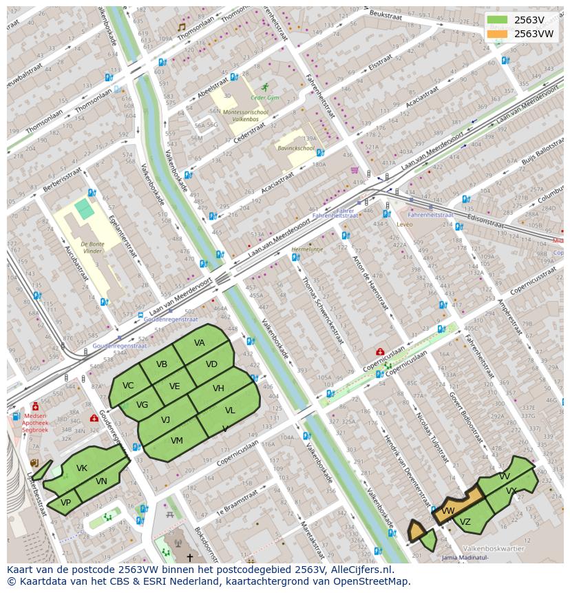 Afbeelding van het postcodegebied 2563 VW op de kaart.