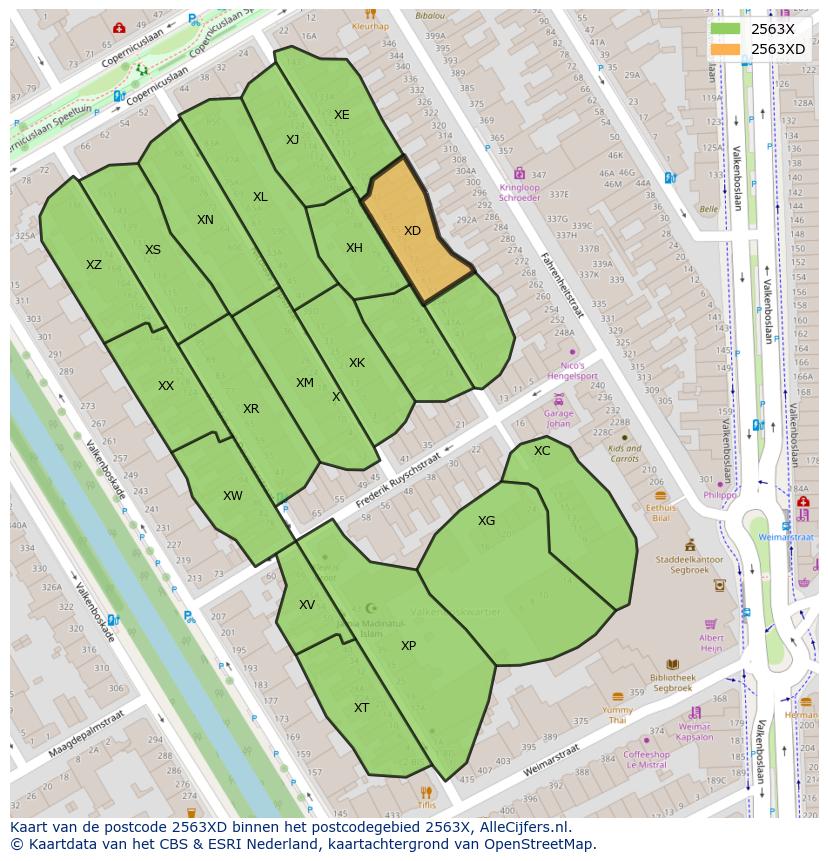 Afbeelding van het postcodegebied 2563 XD op de kaart.