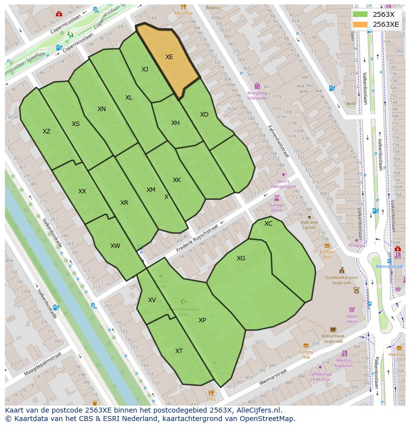 Afbeelding van het postcodegebied 2563 XE op de kaart.