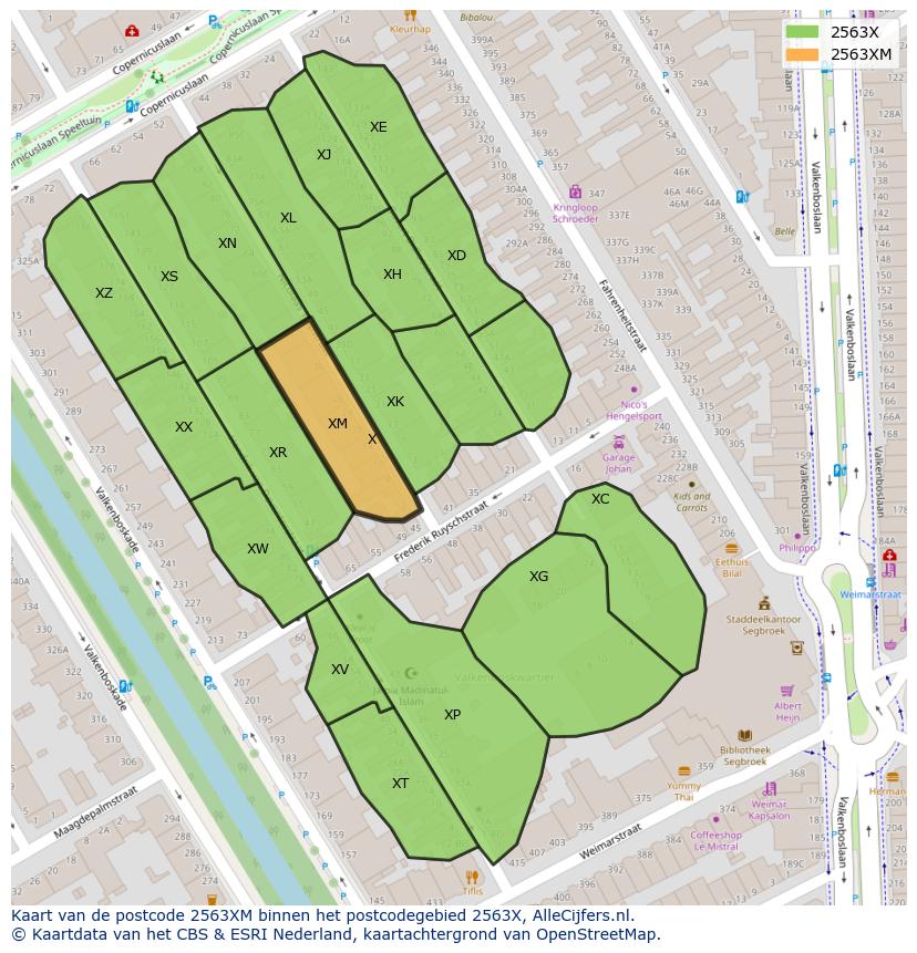 Afbeelding van het postcodegebied 2563 XM op de kaart.