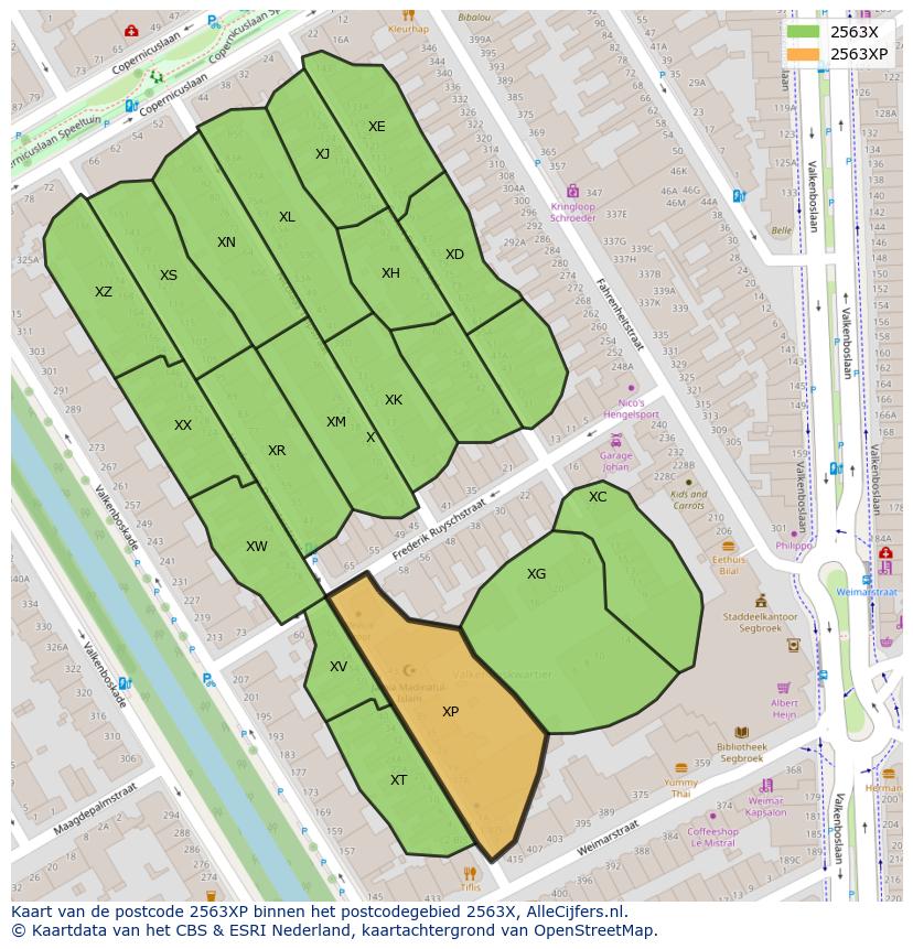 Afbeelding van het postcodegebied 2563 XP op de kaart.