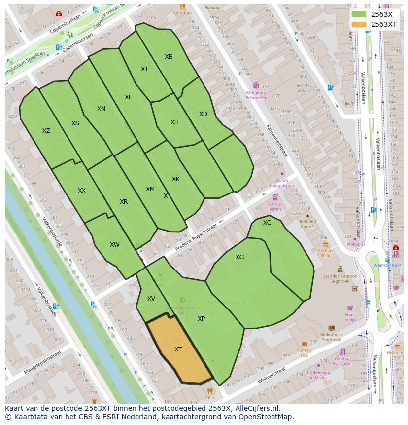 Afbeelding van het postcodegebied 2563 XT op de kaart.