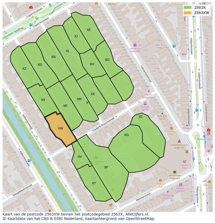 Afbeelding van het postcodegebied 2563 XW op de kaart.