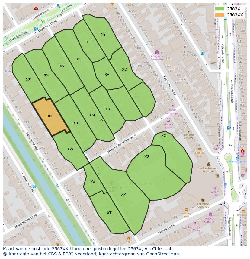 Afbeelding van het postcodegebied 2563 XX op de kaart.