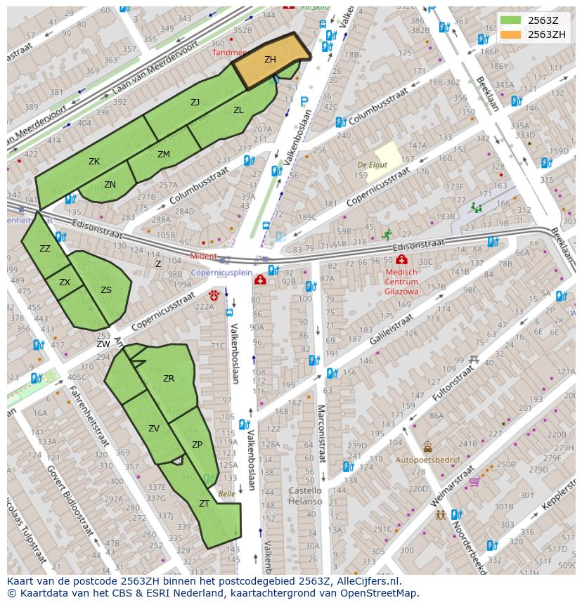 Afbeelding van het postcodegebied 2563 ZH op de kaart.