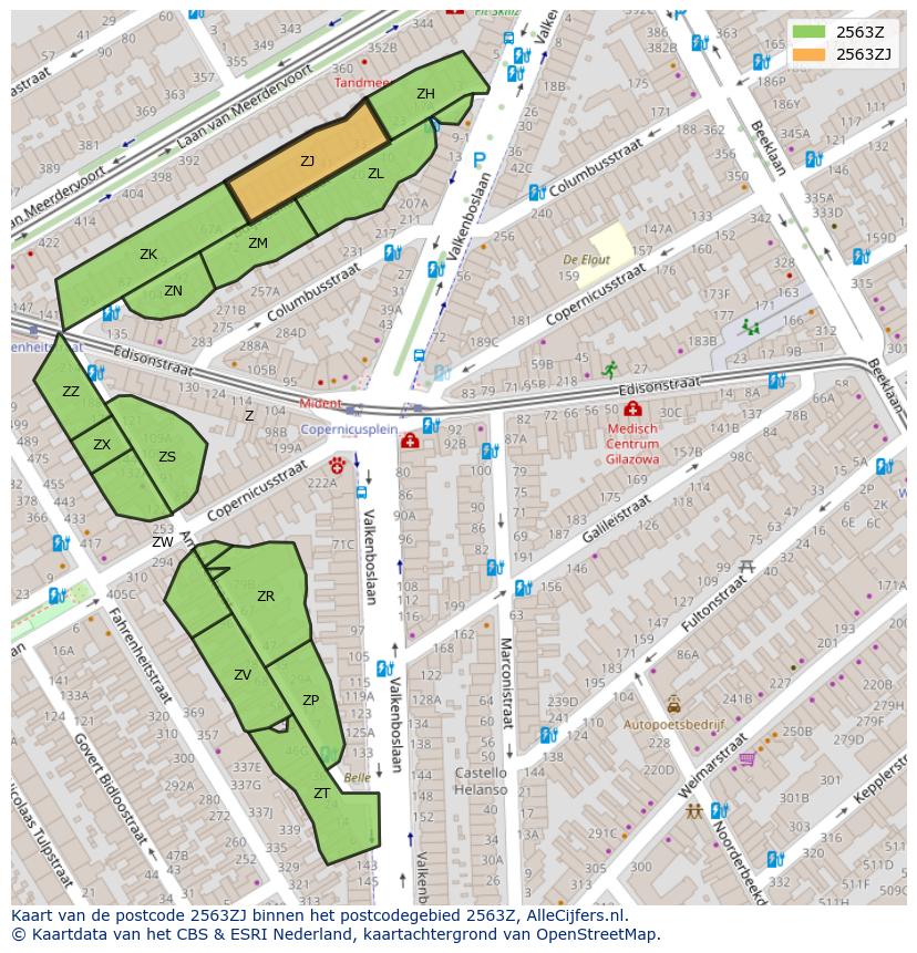 Afbeelding van het postcodegebied 2563 ZJ op de kaart.