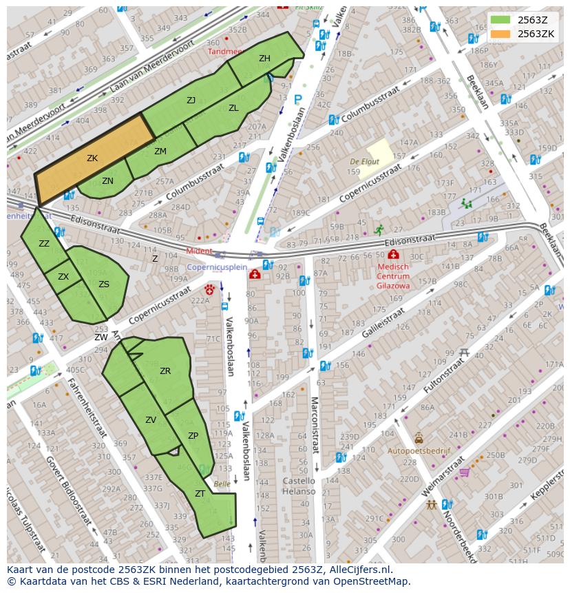 Afbeelding van het postcodegebied 2563 ZK op de kaart.