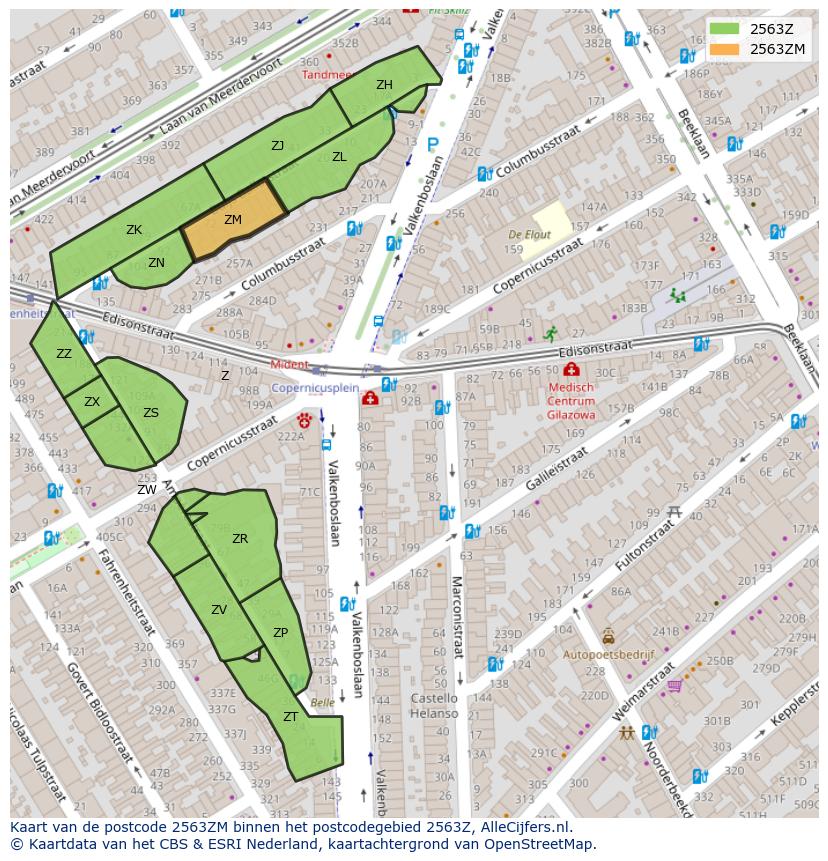 Afbeelding van het postcodegebied 2563 ZM op de kaart.