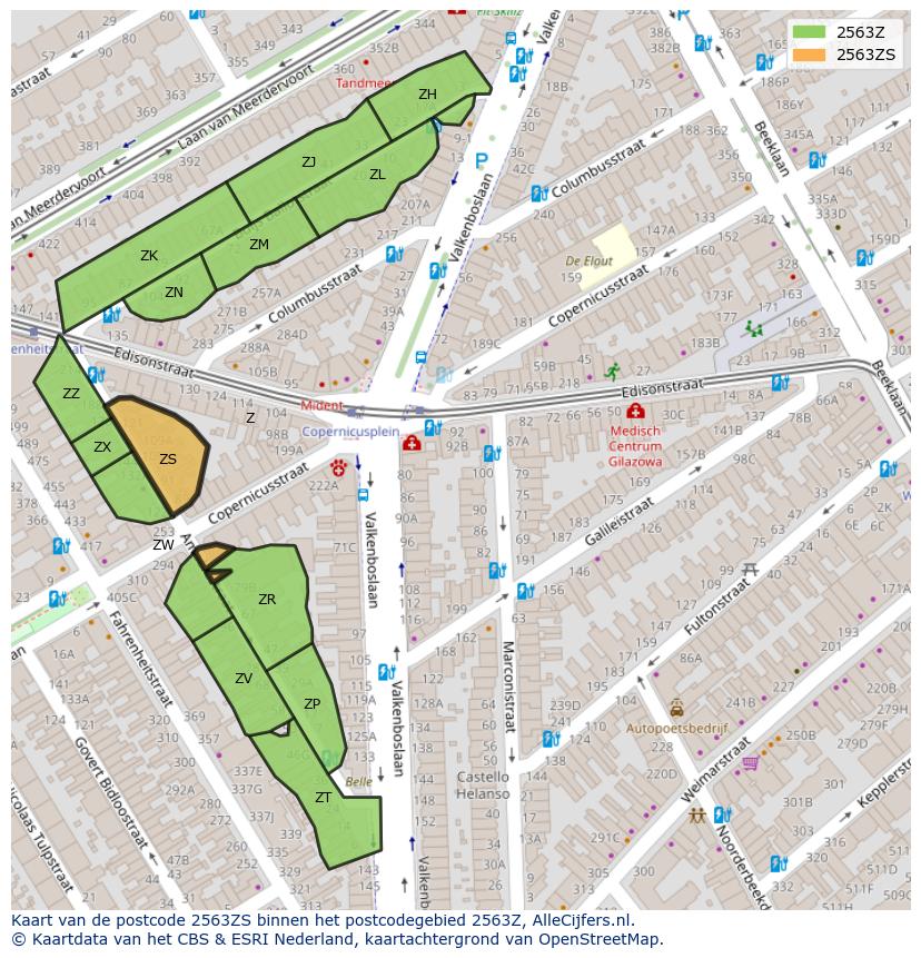 Afbeelding van het postcodegebied 2563 ZS op de kaart.