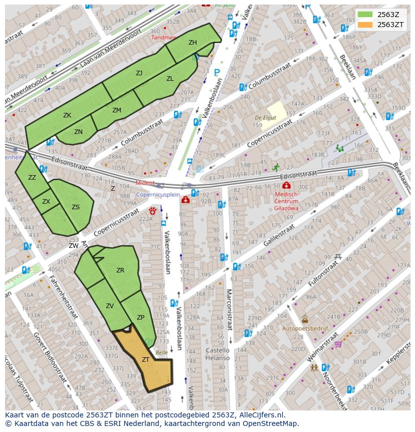 Afbeelding van het postcodegebied 2563 ZT op de kaart.